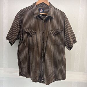 Dickies Mens Western Shirt 2XL Brown Stripe Short Sleeve Pearl Snap Cowboy READ